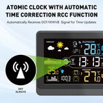 Stazione meteorologica wireless con display a colori da 5,9 pollici, orologio atomico con sensore esterno, termometro e igrometro digitale per la casa, pressione barometrica, fasi lunari.