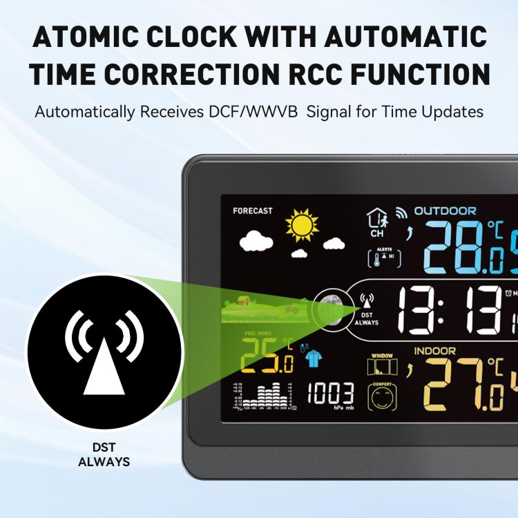 Stazione meteorologica wireless con display a colori da 5,9 pollici, orologio atomico con sensore esterno, termometro e igrometro digitale per la casa, pressione barometrica, fasi lunari.