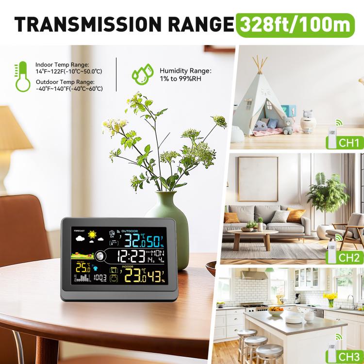 Stazione meteorologica wireless con display a colori da 5,9 pollici, orologio atomico con sensore esterno, termometro e igrometro digitale per la casa, pressione barometrica, fasi lunari.