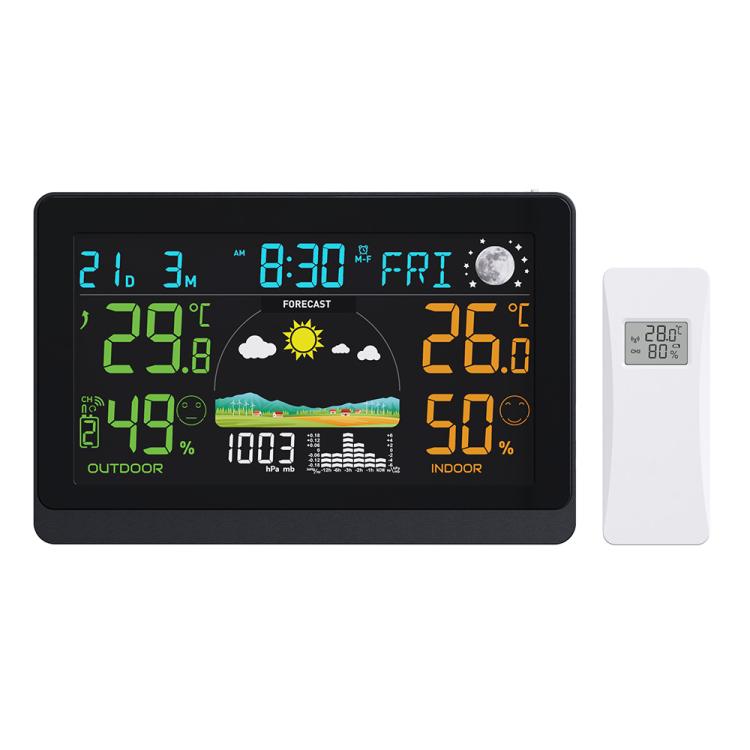 Stazione meteorologica wireless con ampio display a colori da 7,5 pollici, orologio atomico con sensore esterno, termometro e igrometro digitale.