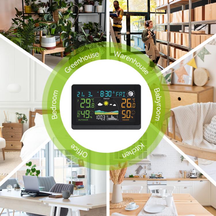 Stazione meteorologica wireless con ampio display a colori da 7,5 pollici, orologio atomico con sensore esterno, termometro e igrometro digitale.