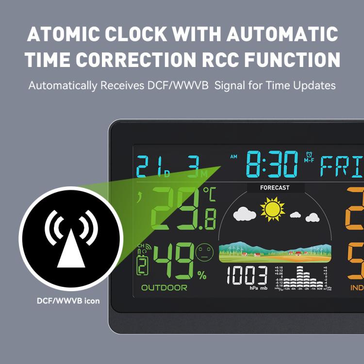 Stazione meteorologica wireless con ampio display a colori da 7,5 pollici, orologio atomico con sensore esterno, termometro e igrometro digitale.