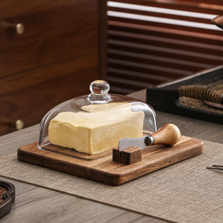Burriera in legno di acacia con coperchio in vetro e spatola, ideale per il piano di lavoro o il frigorifero., Single Knife, Dual Utensils