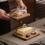 Burriera in legno di acacia con coperchio in vetro e spatola, ideale per il piano di lavoro o il frigorifero., Single Knife, Dual Utensils