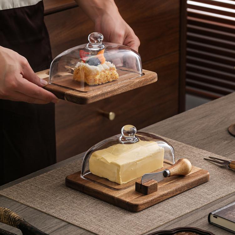 Burriera in legno di acacia con coperchio in vetro e spatola, ideale per il piano di lavoro o il frigorifero., Single Knife, Dual Utensils