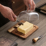 Burriera in legno di acacia con coperchio in vetro e spatola, ideale per il piano di lavoro o il frigorifero., Single Knife, Dual Utensils