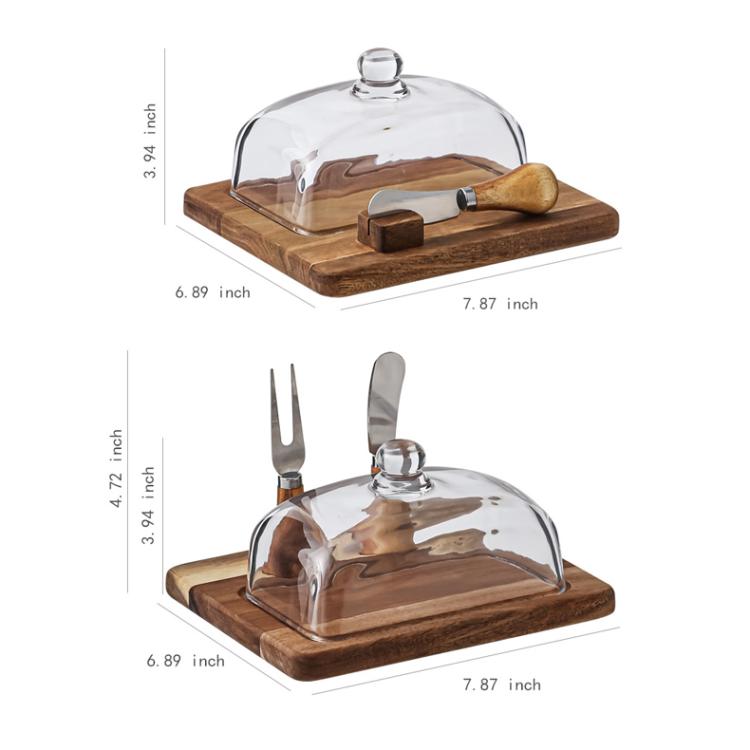 Burriera in legno di acacia con coperchio in vetro e spatola, ideale per il piano di lavoro o il frigorifero., Single Knife, Dual Utensils