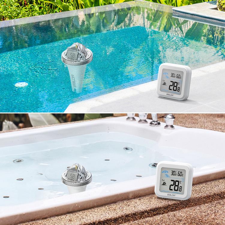 Termometro galleggiante wireless per piscina BALDR con ricevitore interno, display LCD a triplo schermo a 360 gradi e controllo remoto tramite app., B0565T