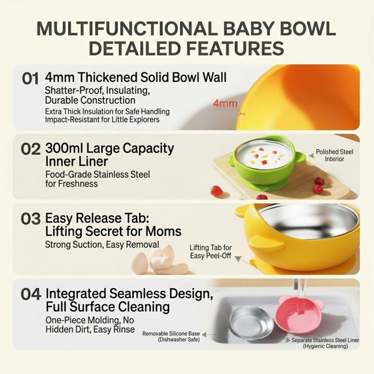 Ciotola per la pappa del bambino con base a ventosa resistente, interno in acciaio inox 304 e rivestimento esterno in silicone, ciotola termica isolante a prova di fuoriuscite per l'apprendimento della pappa.