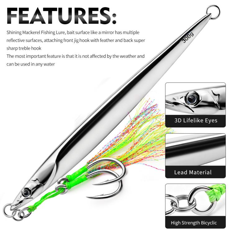 PROBEROS LF169 Esca artificiale verticale per jigging con doppio amo assist, jig metallico per acqua salata con piume, esca affondante per sgombro brillante, 180g, 200g, 230g, 250g, 300g