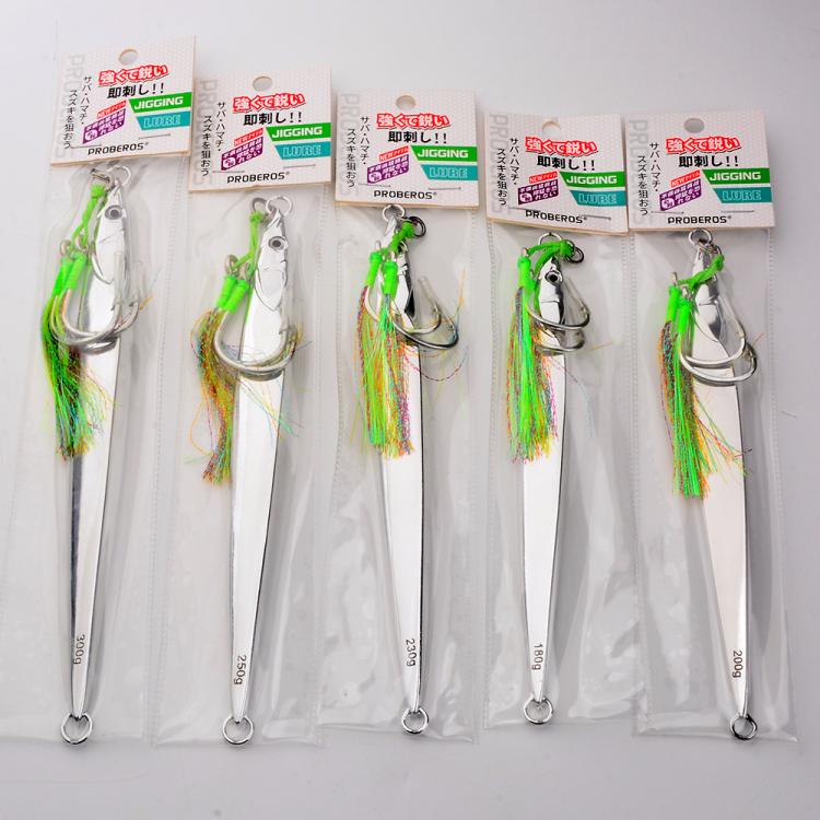 PROBEROS LF169 Esca artificiale verticale per jigging con doppio amo assist, jig metallico per acqua salata con piume, esca affondante per sgombro brillante, 180g, 200g, 230g, 250g, 300g