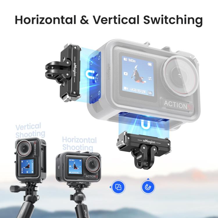 Gabbia per fotocamera aMagisn in policarbonato per DJI Action 5 Pro / 4 / 3 con supporto per riprese verticali/orizzontali a sgancio rapido, attacco a slitta e filettatura da 1/4 di pollice., Action 5 Pro /4/3 PC Cage