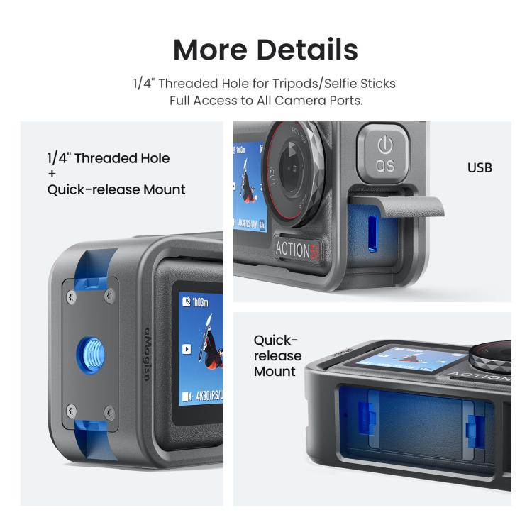 Gabbia per fotocamera aMagisn in policarbonato per DJI Action 5 Pro / 4 / 3 con supporto per riprese verticali/orizzontali a sgancio rapido, attacco a slitta e filettatura da 1/4 di pollice., Action 5 Pro /4/3 PC Cage