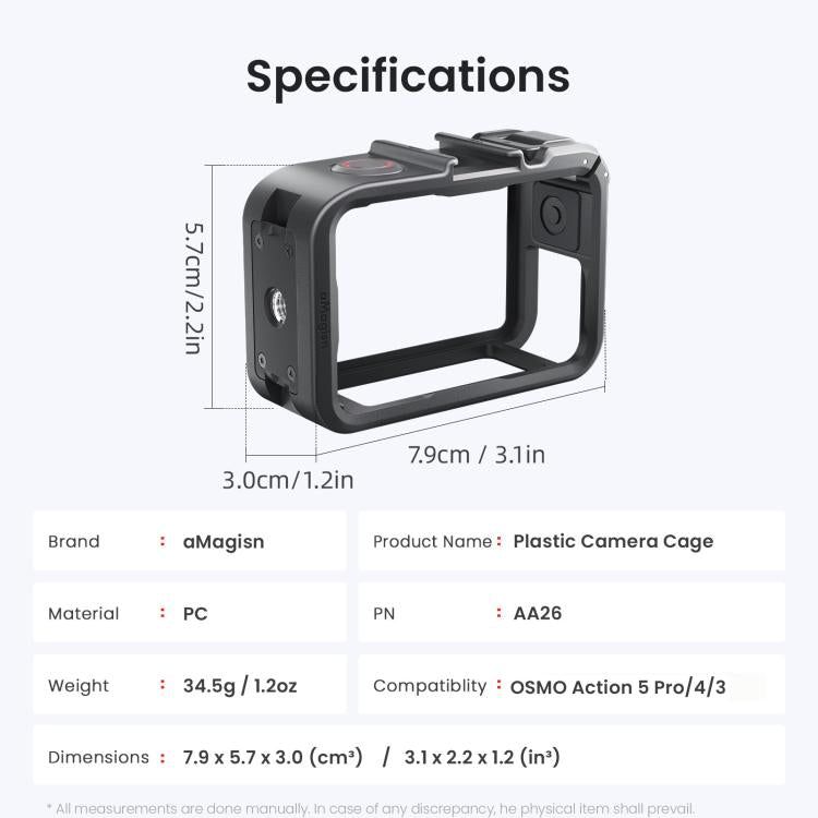 Gabbia per fotocamera aMagisn in policarbonato per DJI Action 5 Pro / 4 / 3 con supporto per riprese verticali/orizzontali a sgancio rapido, attacco a slitta e filettatura da 1/4 di pollice., Action 5 Pro /4/3 PC Cage