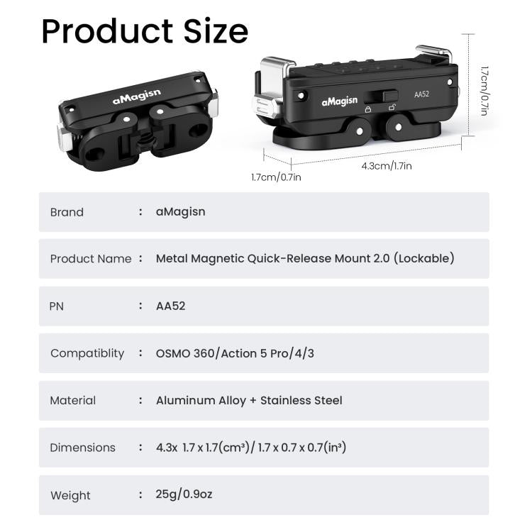 Adattatore a sgancio rapido magnetico in metallo aMagisn 2.0 con blocco per DJI Osmo 360/ Action 5 Pro/4/3, For DJI Osmo 360/ Action 5 Pro/4/3