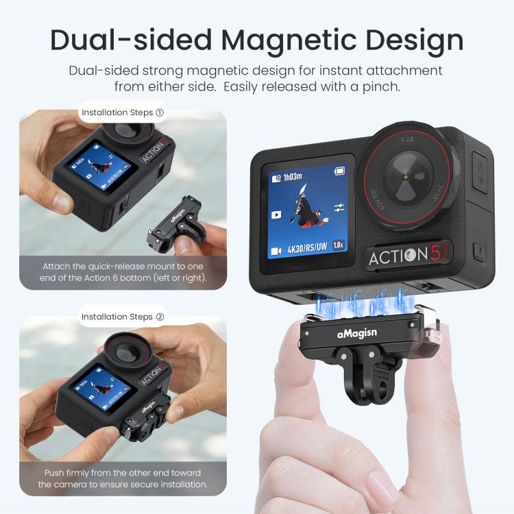 Adattatore a sgancio rapido magnetico in metallo aMagisn 2.0 con blocco per DJI Osmo 360/ Action 5 Pro/4/3, For DJI Osmo 360/ Action 5 Pro/4/3