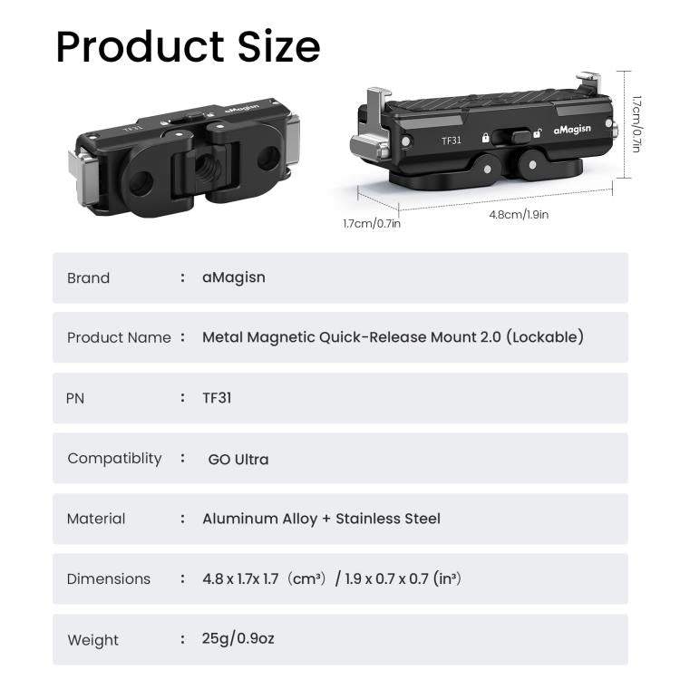 Adattatore bloccabile a sgancio rapido magnetico in metallo aMaginsn 2.0 per Insta360 GO Ultra., For Insta360 GO Ultra