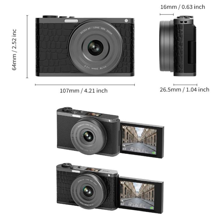 4K Waist-Level Viewfinder Flip-Screen Selfie Mirrorless Digital Camera, Crocodile Leather, Pebbled Texture, Crocodile Leather + Neck Strap, Pebbled Texture + Neck Strap