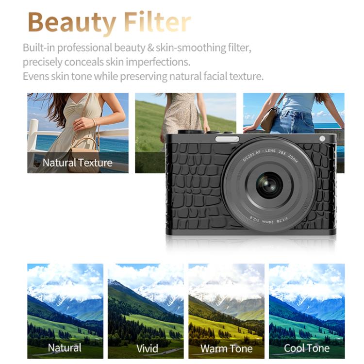 4K Waist-Level Viewfinder Flip-Screen Selfie Mirrorless Digital Camera, Crocodile Leather, Pebbled Texture, Crocodile Leather + Neck Strap, Pebbled Texture + Neck Strap