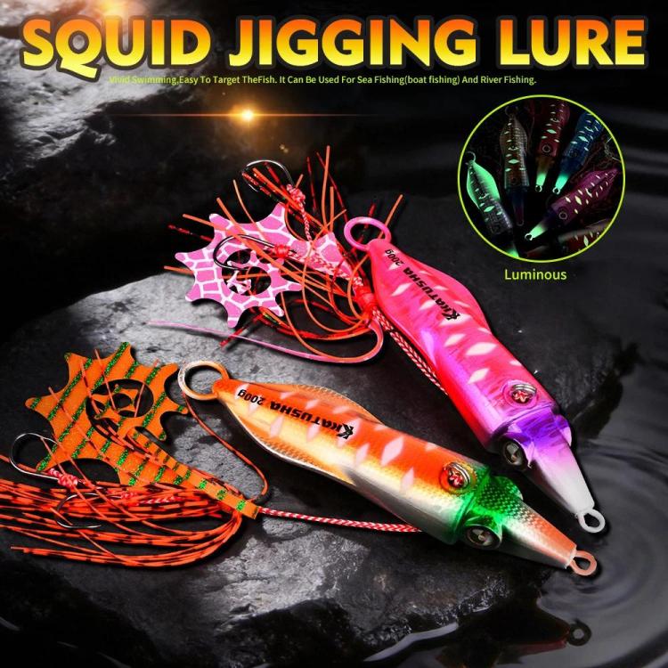 PROBEROS Esche artificiali luminose per jigging di calamari, jig verticali per acqua salata con gonna in silicone, rivestimento laser, esche da pesca in metallo affondanti, 120G, 150G, 200G