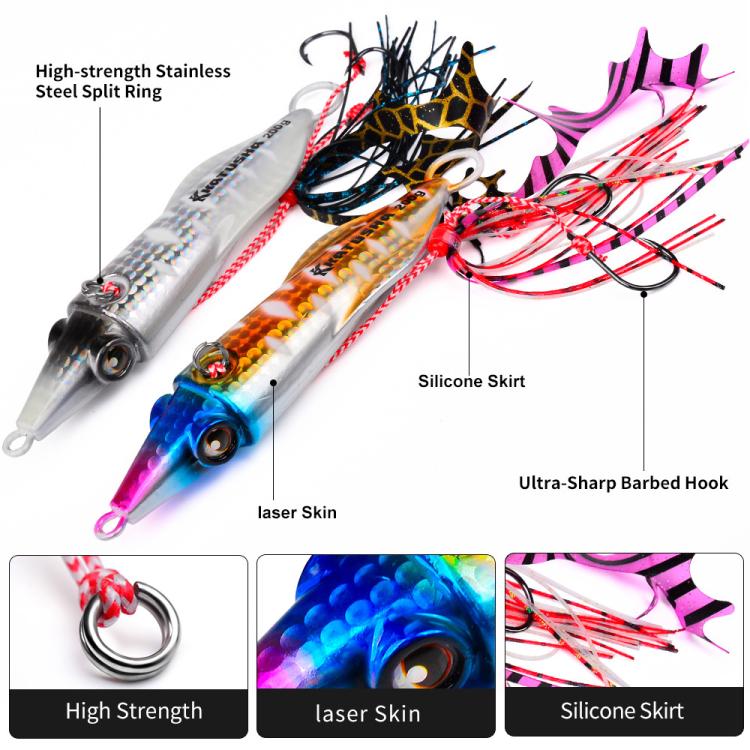 PROBEROS Esche artificiali luminose per jigging di calamari, jig verticali per acqua salata con gonna in silicone, rivestimento laser, esche da pesca in metallo affondanti, 40G, 60G, 80G, 100G
