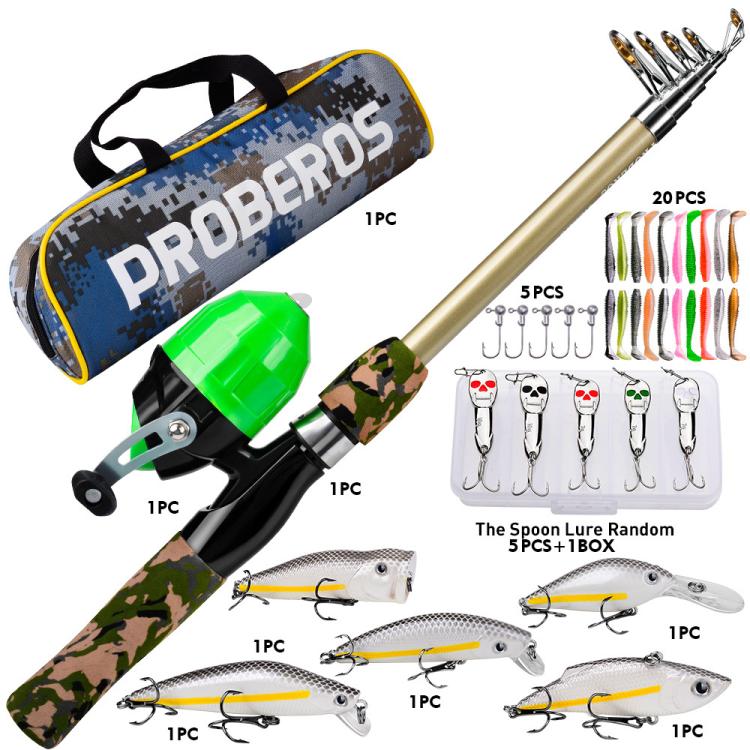 Kit completo da pesca PROBEROS con canna e mulinello, canna telescopica da 1,8 m con mulinello a bobina fissa, portatile e da viaggio, con borsa per il trasporto., CAST Blue, SPIN Blue, CAST Green, SPIN Green