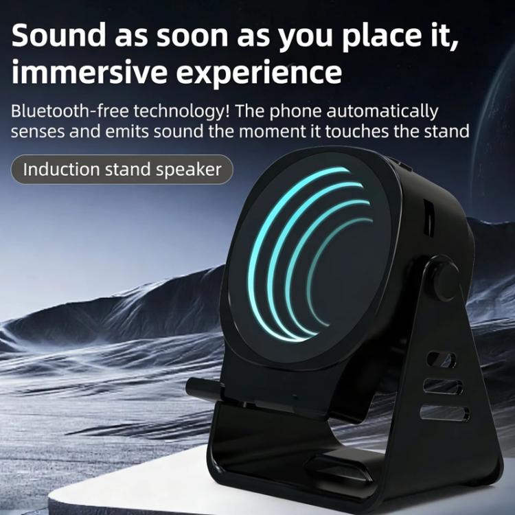 Altoparlante a induzione wireless con supporto per telefono, altoparlante Bluetooth multifunzione da scrivania con luce notturna