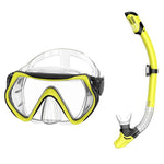 Set da snorkeling per adulti con maschera subacquea panoramica a 180 gradi e lente antiappannamento, ideale per immersioni e nuoto.