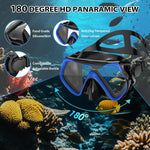 Set da snorkeling per adulti con maschera subacquea panoramica a 180 gradi e lente antiappannamento, ideale per immersioni e nuoto.