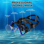 Set da snorkeling per adulti con maschera subacquea panoramica a 180 gradi e lente antiappannamento, ideale per immersioni e nuoto.