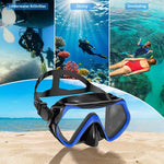 Set da snorkeling per adulti con maschera subacquea panoramica a 180 gradi e lente antiappannamento, ideale per immersioni e nuoto.