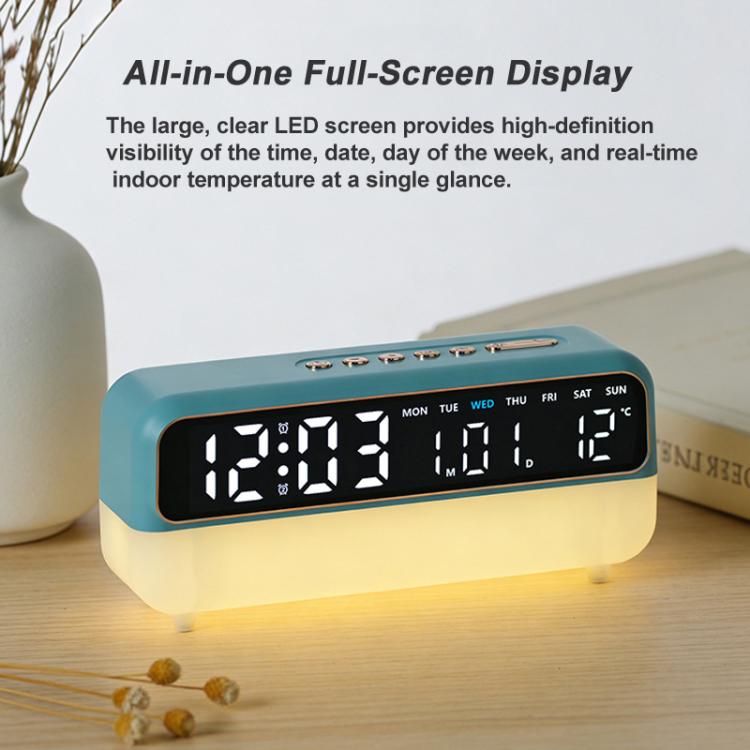 Sveglia digitale multifunzione con luce notturna dimmerabile, indicazione di data/giorno della settimana/temperatura, doppia sveglia, funzione timer e porta di ricarica USB.