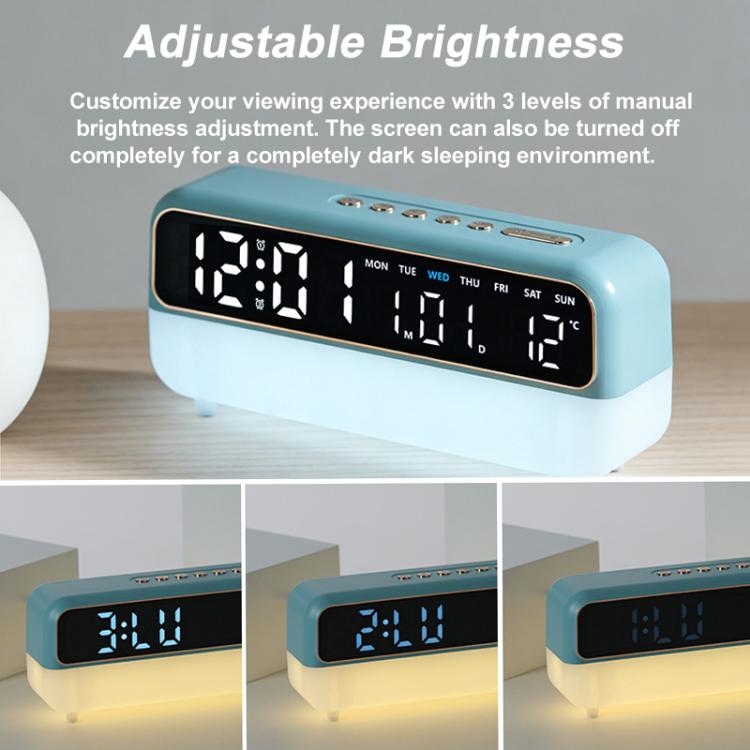 Sveglia digitale multifunzione con luce notturna dimmerabile, indicazione di data/giorno della settimana/temperatura, doppia sveglia, funzione timer e porta di ricarica USB.
