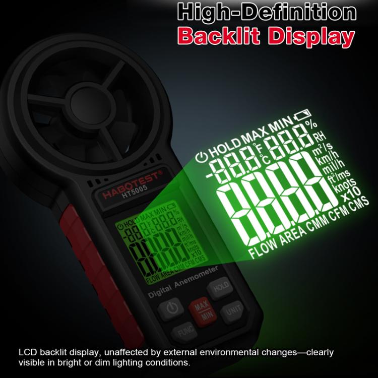 HABOTEST HT5005 Anemometro digitale portatile con display, misuratore di velocità e temperatura del vento ad alta precisione., HT5005