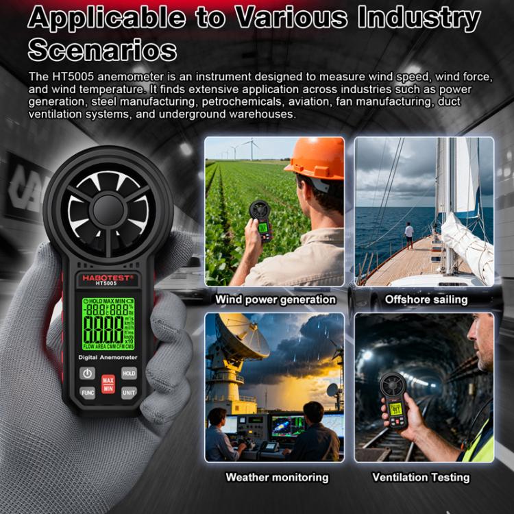 HABOTEST HT5005 Anemometro digitale portatile con display, misuratore di velocità e temperatura del vento ad alta precisione., HT5005