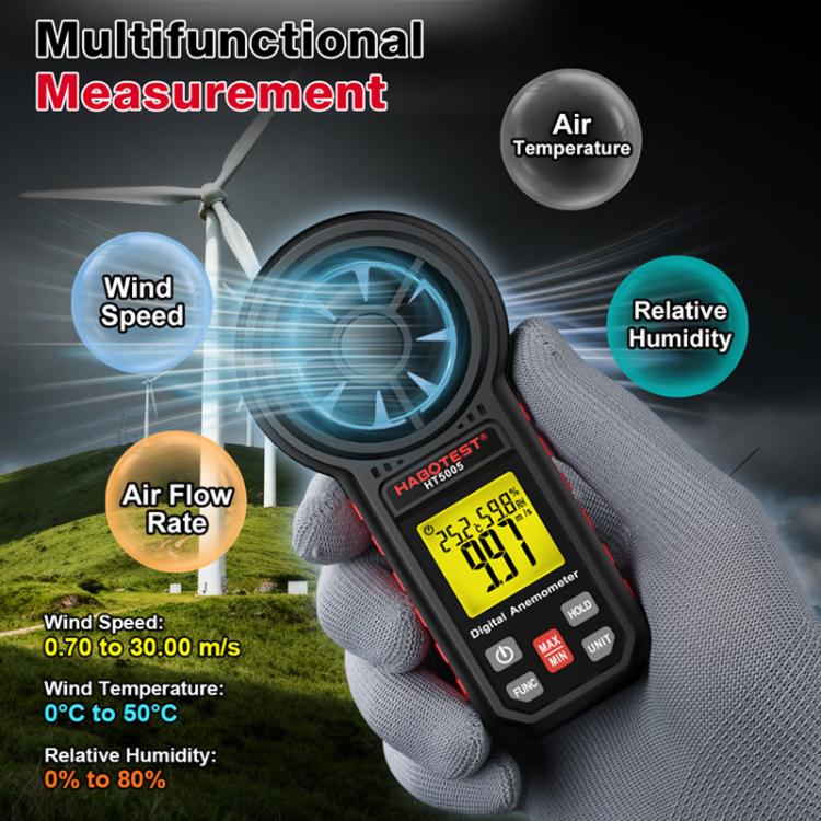 HABOTEST HT5005 Anemometro digitale portatile con display, misuratore di velocità e temperatura del vento ad alta precisione., HT5005