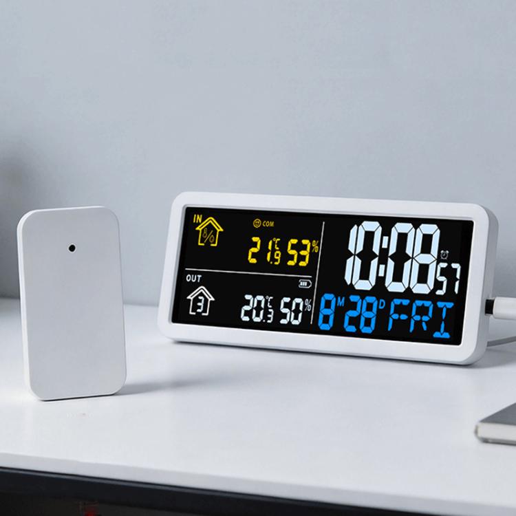 Orologio digitale da parete con sensore esterno wireless per il monitoraggio della temperatura e dell'umidità interna ed esterna.