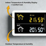 Orologio digitale da parete con sensore esterno wireless per il monitoraggio della temperatura e dell'umidità interna ed esterna.