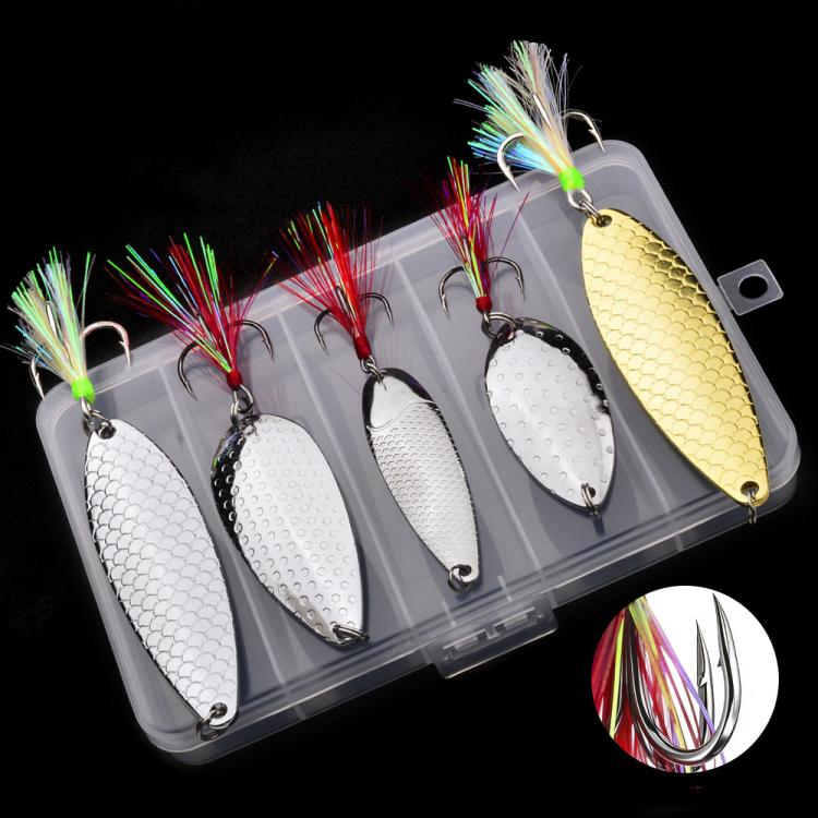 Kit di 5 esche artificiali da pesca PROBEROS con cucchiaini, set di esche rigide in metallo con amo affilato a scanalatura per il sangue e piume colorate.