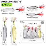 Kit di 5 esche artificiali da pesca PROBEROS con cucchiaini, set di esche rigide in metallo con amo affilato a scanalatura per il sangue e piume colorate.