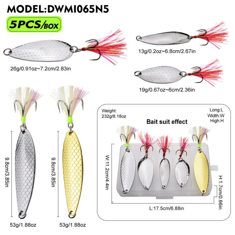 Kit di 5 esche artificiali da pesca PROBEROS con cucchiaini, set di esche rigide in metallo con amo affilato a scanalatura per il sangue e piume colorate.