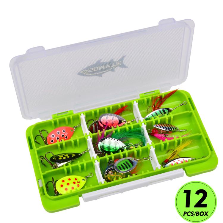 Set di 12 esche artificiali da pesca SOMYTE Spinnerbait con paillettes riflettenti rotanti a 360 gradi, piume e ami tripli.