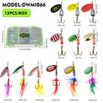 Set di 12 esche artificiali da pesca SOMYTE Spinnerbait con paillettes riflettenti rotanti a 360 gradi, piume e ami tripli.