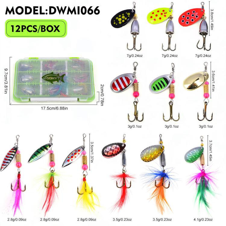 Set di 12 esche artificiali da pesca SOMYTE Spinnerbait con paillettes riflettenti rotanti a 360 gradi, piume e ami tripli.