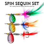 Set di 12 esche artificiali da pesca SOMYTE Spinnerbait con paillettes riflettenti rotanti a 360 gradi, piume e ami tripli.