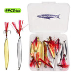 Set di esche artificiali PROBEROS da 9 pezzi/scatola, cucchiaini da pesca, spinner in metallo a forma di foglia di salice con ami tripli a scanalatura per il sangue.