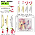 Set di esche artificiali PROBEROS da 9 pezzi/scatola, cucchiaini da pesca, spinner in metallo a forma di foglia di salice con ami tripli a scanalatura per il sangue.