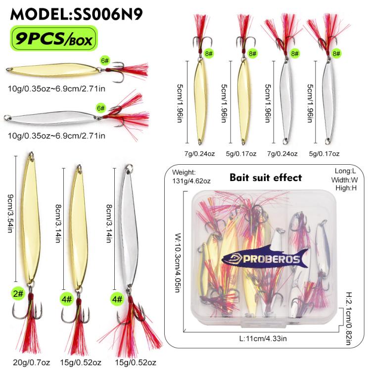 Set di esche artificiali PROBEROS da 9 pezzi/scatola, cucchiaini da pesca, spinner in metallo a forma di foglia di salice con ami tripli a scanalatura per il sangue.