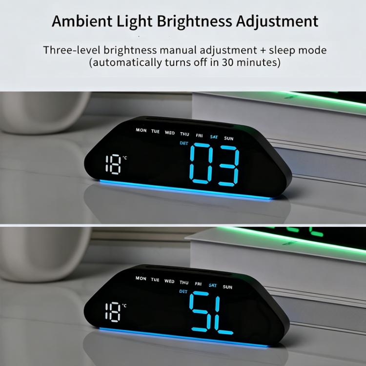 Sveglia digitale con ampio display a LED, 3 livelli di luminosità, funzione di attenuazione automatica, luce notturna d'atmosfera e timer.