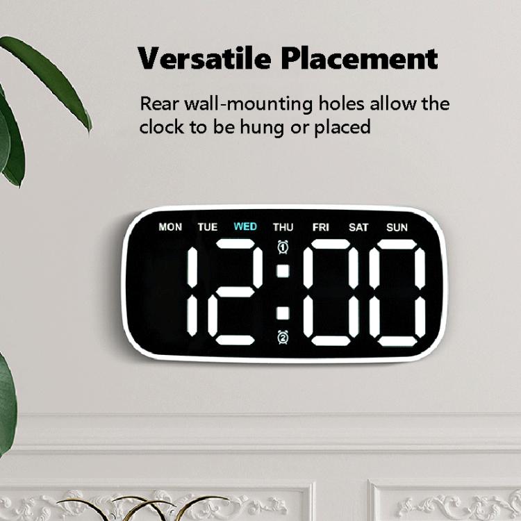 Orologio digitale moderno da parete e da scrivania con ampio display a LED, indicazione di data, giorno della settimana, temperatura e luminosità regolabile. Orologio decorativo silenzioso.